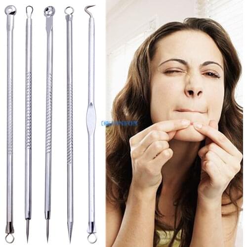 DHL 500Set 5PCS/set Blackhead Remover Tool Needles Set Pimple Blemish Comedone Acne Extractor (Color: Silver)