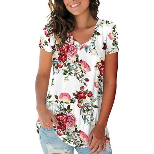 V Neck Tshirt Womens Summer Casual Oversize Print Shirt Tops Loose Vintage Female Tee Streetwear Short Sleeve Clothes S-3XL