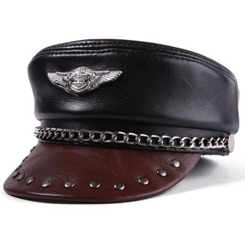 QPALCR Genuine Leather Hat Cowhide Military Hats For Men Women Hip-hop Sailo Cap Unisex 100% Leather Germany Officer Visor Cap