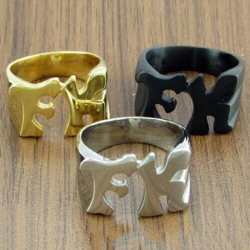 Punk Style Size 7 to 13 Silver color Black Plated Letter FK Ring 316L Stainless Steel Mens Women Golden Plated F K Biker Rings