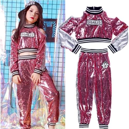 Popular Girls Stage Costume Jazz Sequins Dancing Outfits Children Hip Hop Set Mosaic Kid Street Dance Performance Clothing