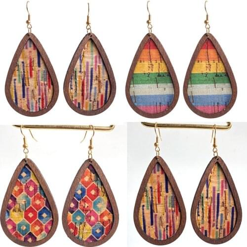 Creative Fashion Women Colorful Cork Leather Wood Drop Earrings New Hot Sale Waterdrop Long Pendent Christmas Earrings Gift