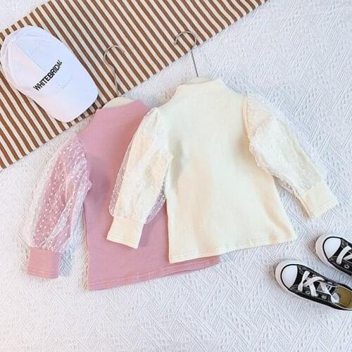 Autumn new 3-7 years old childrens girls baby Korean long-sleeve net yarn bottoming shirt dots fluffy long-sleeve sweater