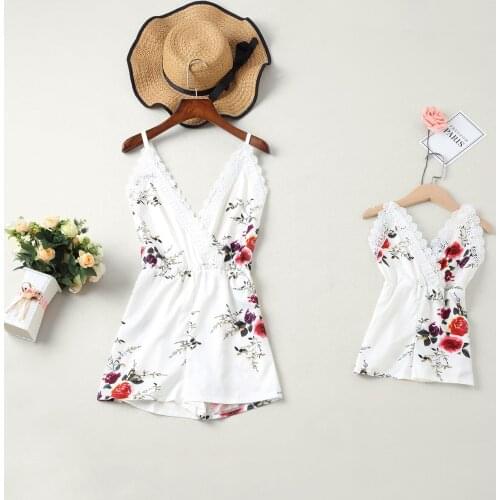 2021 Europe and The United States New Parent-child Womens Flower Print Jumpsuit Lace mommy and me clothes girls outfits
