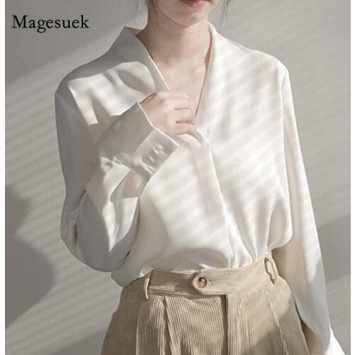 Office Lady V Neck Long Sleeve Female Clothing Vintage Chiffon Shirts Women 2021 Spring Autumn White Women Blouse and Tops 12609