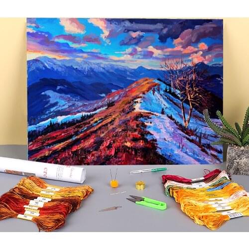 Landscape Winter Evening Pre-Printed 11CT Cross Stitch DIY Embroidery Full Kit DMC Threads Knitting Craft Handmade Gift