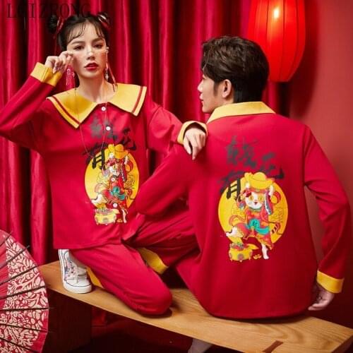 2021 New Year Cartoons Couple Pajamas Suit for Women Men Cute Cotton Sleepwear Set Female Fashion Bedroom Large Size Nightwear