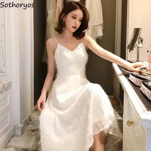 Long Dress Women Sleeveless Ladies Solid Tassel V-neck Empire A-Line Elegant Trendy Party Dresses Fluffy Girl Sexy Chic New Slim