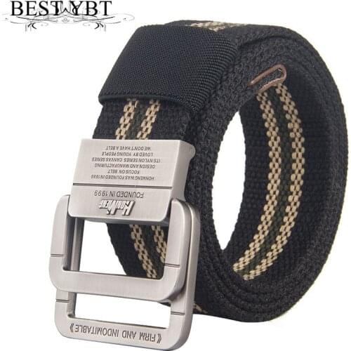 Best YBT Unisex belt fashion stripe canvas Alloy double ring buckle Men belt casual outdoor sport Men and Women cowboy belt