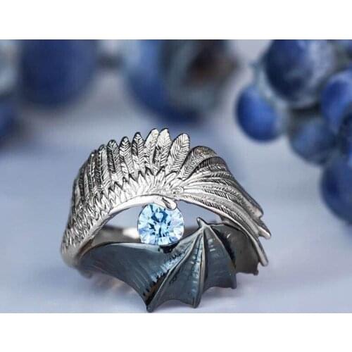 Vintage Devil Wing Blue Crystal Rings Personality Gothic Style Punk Cool Womens Ring Cocktail Ring Trendy Anniversary Jewelry