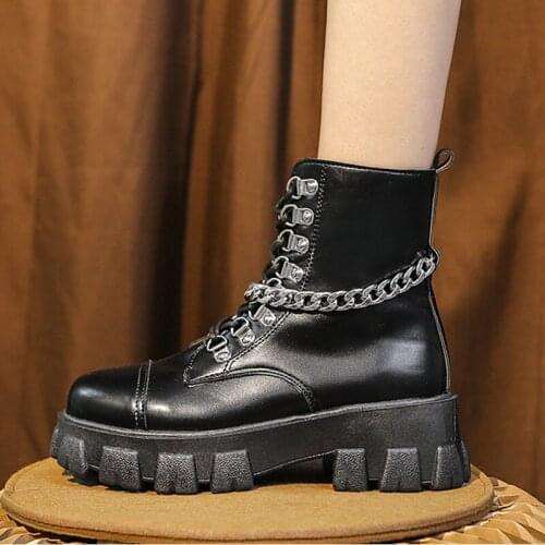 Women Solid Black Zip Chain Chunky Heel Boots Fashion Female Punk Rome Style Ladies Leisure Platform Pu Leather Shoes Quality