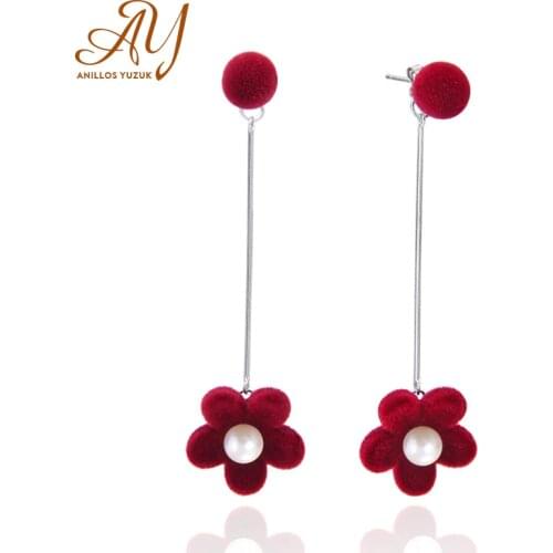 925 Sterling Silver Pearl Red Velvet Flower Long Earrings For Women Vintage Earrings for Women Wedding Engagement Jewelry