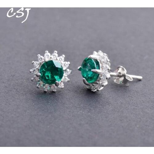 CSJ Classic Created Emerald Earrings 925 Silver sterling Round 5mm cut Fine Charm Jewelry for Women Party Gift free express
