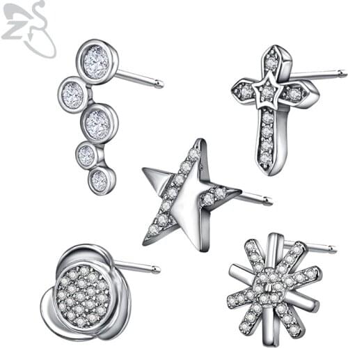 ZS Crystal Stud Earrings For Women Flower brincos AAA Cubic Zirconia Earrings Real 925 Sterling Silver Star Jewelry Pendientes