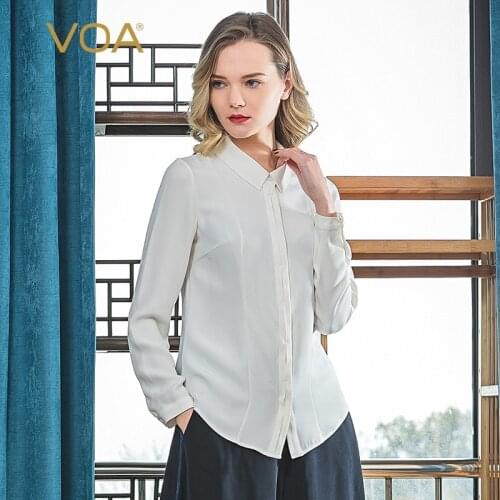 VOA 40m/m Heavy Silk White Blue Lapel Long-sleeved Women Tops Concealed Button Placket Waist Women B3136 Shirts Free Shipping