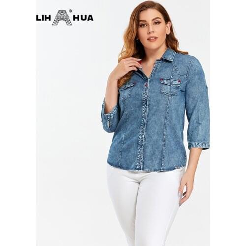 LIH HUA Womens Plus Size Denim Tops Shirt Spring Slim Fit Shirt Casual Shirt Woven Denim Three QuarterSleeve