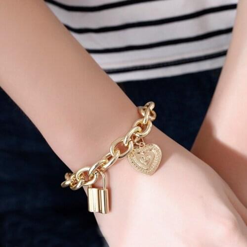 Punk Style Lock Heart Thick Chain Hip Hop Padlock Bracelet for Women Female Metal Cool Gold Silver Color Alloy Bracelets Jewelry