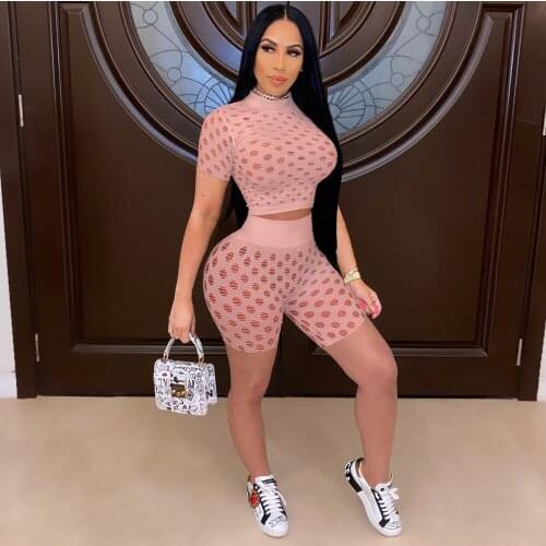 Sexy Casual Beachwear Matching Set Women Workout Active Beachwear Fitness 2 Piece Set 2021 Hollow Out Crop Top and Biker Shorts