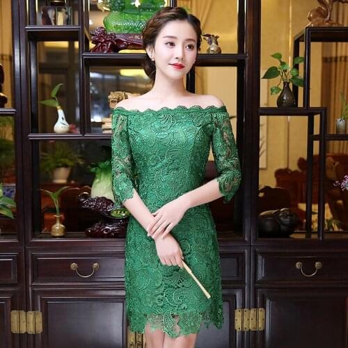 Women Off Shoulder Sexy Lace Chinese Cheongsam Short Slim Lady Oriental Chinese Traditional Dress Wedding Party Qipao Dresses 90