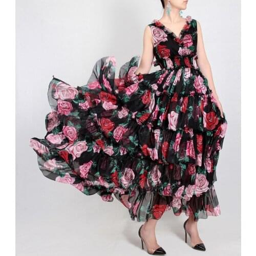 High quality fashion runway Maxi dress Womens Sleeveless V-Neck Flower Print Patchwork Ruffles Silk Beach Bohemian long Dress