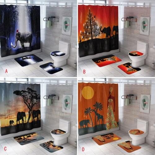 African Shower Curtain Cute Funny Elephant Non-Slip Rugs Toilet Lid Cover Bath Mat Carpet Set Bathroom Curtains with 12 Hooks