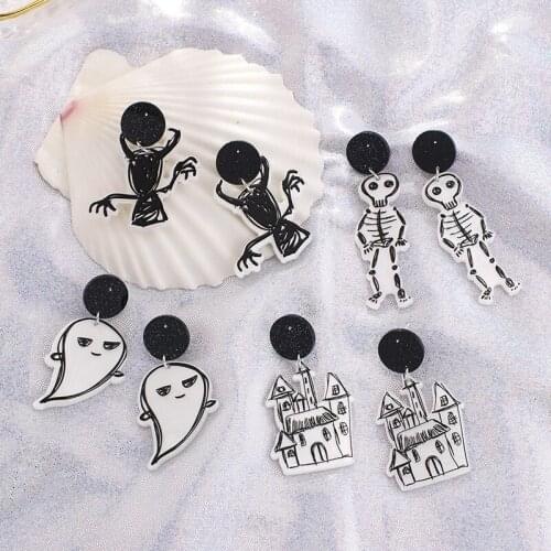 Halloween Acrylic Creative Earrings Hand Painted Funny Interesting Demon Skeleton Punk Castle Earrings Girl Gifts For Friends