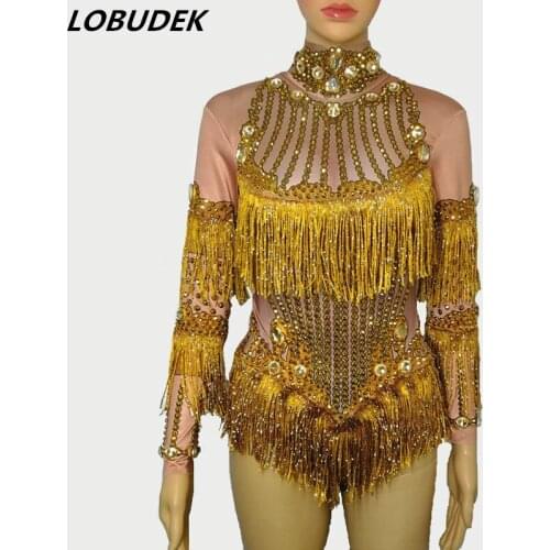 Sparkly Rhinestones Gold Tassels Bodysuit Stretch Long Sleeve Bodysuit Sexy Nightclub DJ Singer DS Costume Party Show Stage Wear