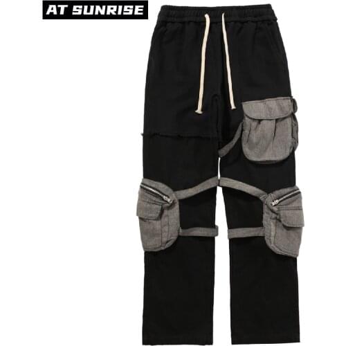 Black Tooling Casual Pants Men Hip Hop streetwear High Street Joggers Cargo Pants Multi-Pocket Fashions Splicing Army Trousers