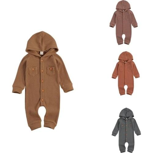Citgeett Spring Autumn Solid Newborn Baby Boys Girls One-piece Romper Long Sleeve Hooded Button Spring Clothes