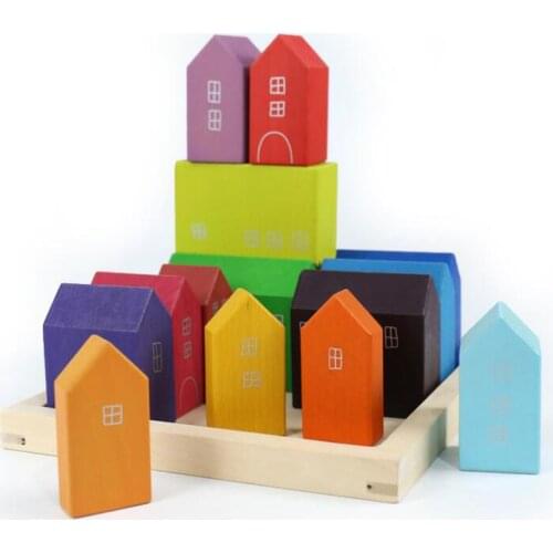 Montessori solid house shape wooden building blocks childrens intelligence Stacking game pile tower toy room decoration