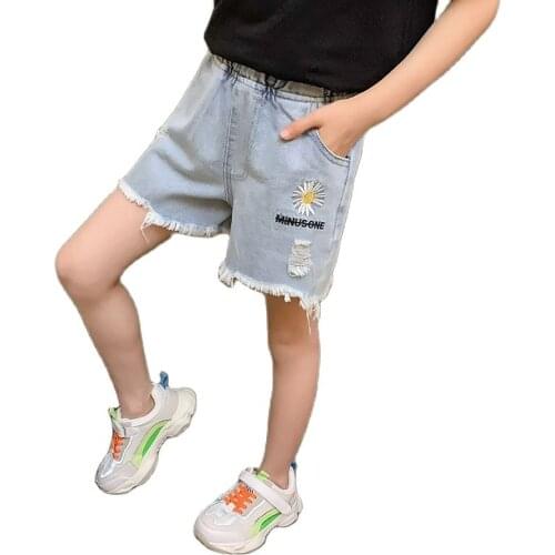 Children Short Pants Ripped Jeans For Teen Girls Blue Embroidery Daisy Flower Denim Shorts Teenage Clothing 10 to 12 13 14 Years