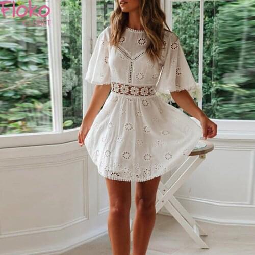 Flokocloset Sexy Backless Hollow Out Mini Dress for Women Summer Beach Party Dress O-Neck Sundress Female Vestidos Mujer