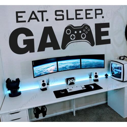 Eat Sleep Game Quotes Wall Sticker Game Controller Gaming Decor Kids Boys Teens Room Bedroom Decals Interior Design Murals 4620