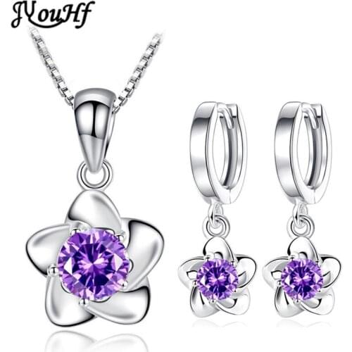 JYouHF Elegant Flower Earring Necklace Set Fashion White Purple AAA Zircon Crystal Drop Earring Jewelry Sets for Women Gift