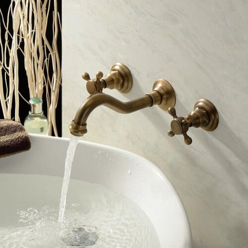 Wall Sink Faucet Antique Bathroom Basin Water Mixer Hot and Cold Crane Wall Mounted Dual Handle Widespread Faucets