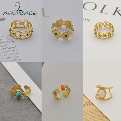 Nextvance Large Malachite Ring Stainless Steel Adjustable Retro Gold Black Stone Rings For Women Lover Bithday Jewelry Gift