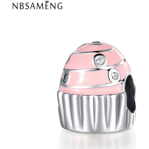 New 100% 925 Sterling Silver Bead Charm Pink Cupcake Pave CZ Enamel Sweet Beads Charms Fit Bracelets DIY Women Jewelry