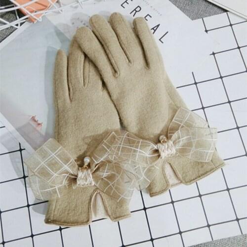 New Korean touch screen khaki gloves wool bow warm cashmere knitted women spring winter gloves thick mittens