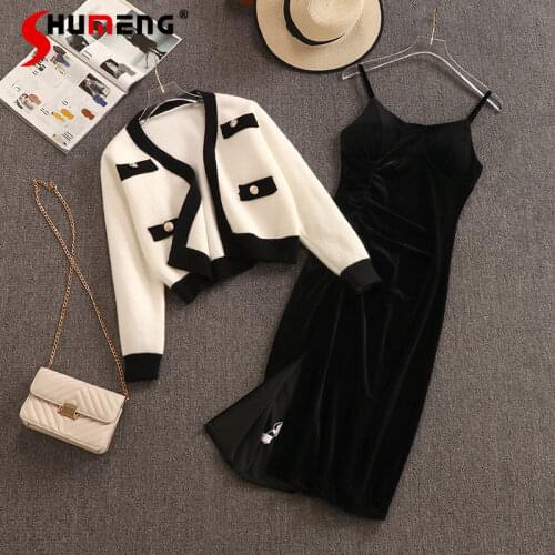 Casual Single Breasted Solid Women Knitted Top 2021 Spring Long Sleeve Knit Shirt Black Velvet Strap Dress Female Two Pieces