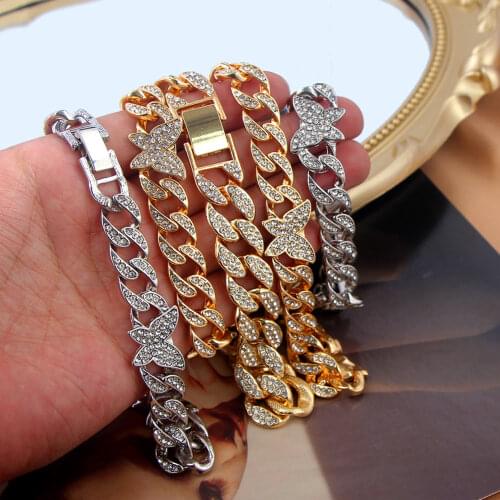 JUST FEEL Iced Out Crystal Butterfly Bracelet for Women Bling Full Rhinestone Miami Cuban Link Chain Bracelet Statement Jewelry