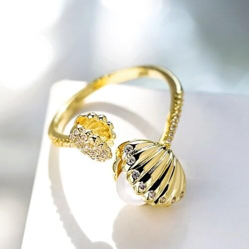 Luxury Female Small Zircon Pearl Ring Sterling Silver Gold Engagement Rings For Women Vintage Shell Wedding Band Ring