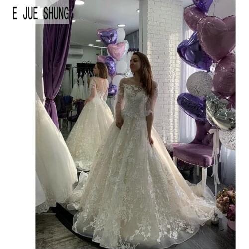 E JUE SHUNG Ivory Lace luxury Wedding Dresses Sheer Sleeves Buttons Back Bridal Wedding Gowns Robe De Mariee
