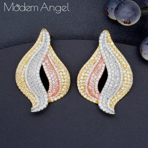 ModemAngel Luxury Leaf Full Micro Cubic Zirconia Women Bridal Wedding Engagement Earring Jewelry