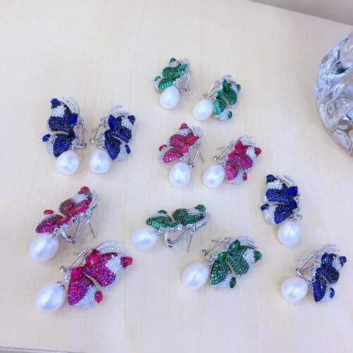 Natural fresh water pearl drop earring 925 sterling silver with cubic zircon butterfly earring insect fine women jewelry