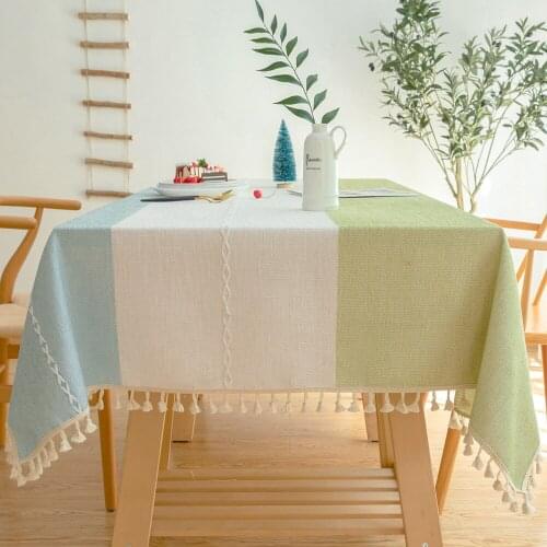 Simple Fashion Christmas Tablecloth Stitching Green Plaid Striped Thicken Cotton Linen Table Cloth Tassel Pendant Table Cover
