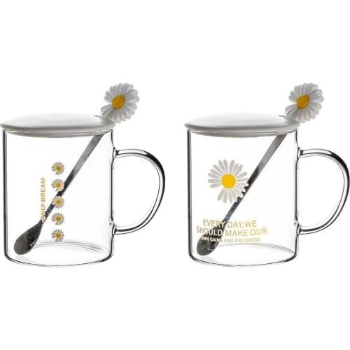 2 pieces Daisy Glass Mug with daisy patterned Metal Spoon and lid