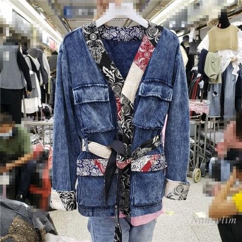 Denim Jacket Women 2020 Autumn New Fashion Embroidery Waistband Long Sleeve V Neck Jeans Coat Female Clothes Streetwear Overcoat