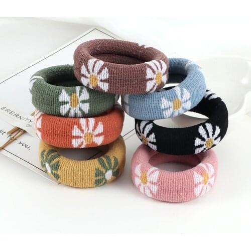 2pcs Hair Accessories High Elastic Women Hair Band Printed Cartoon Flower Daisy Bloom Girls Ponytail Holder Headband Scrunchies