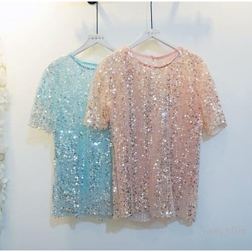 Womens Sequined Short-Sleeved T-shirt Korean Style Spring Summer New Round Neck Hollow Mesh Shirt Loose Top 2021 Nancylim