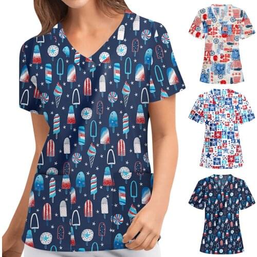 Women Short Sleeve V-Neck Nurse Uniform Hospital Workers Cartoon Print Graphic T-Shirt Scrub Tops Working Uniform Blouse 2021